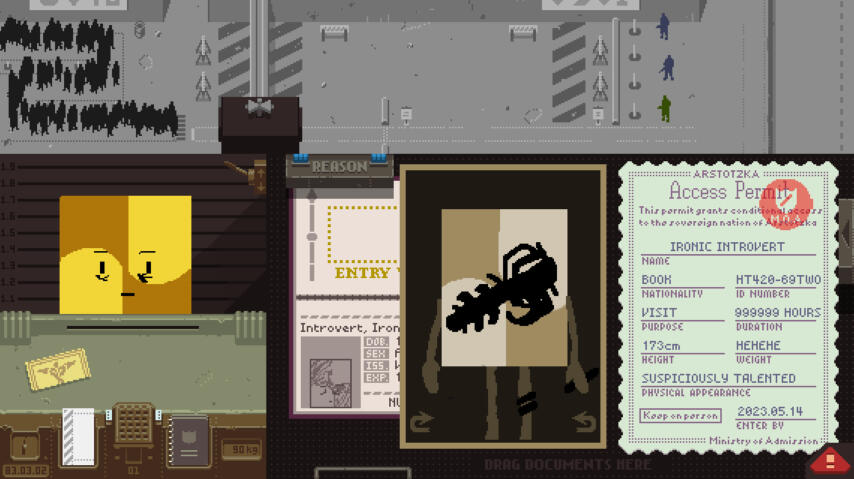 part of gameQ in TC, ironic in Papers, Please!